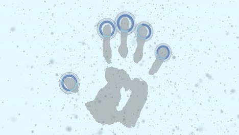 Animation-of-hand-print-and-scopes-scanning-with-grey-particles-on-white-background