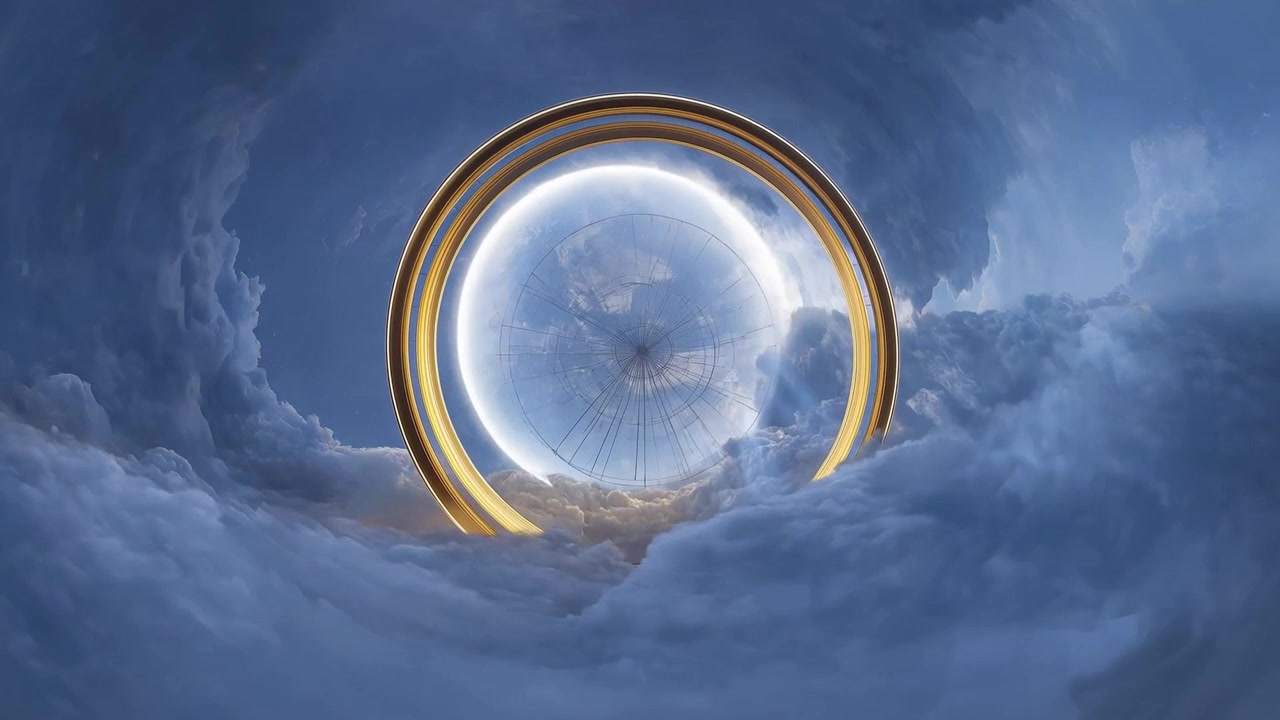Sunlight brightening metallic golden ring revealing translucent luminous sphere above cloud banks