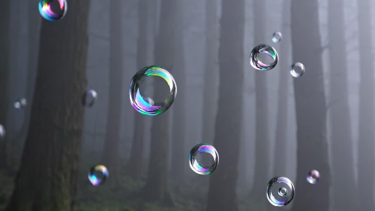 Ethereal video scene of floating bubbles in a misty forest