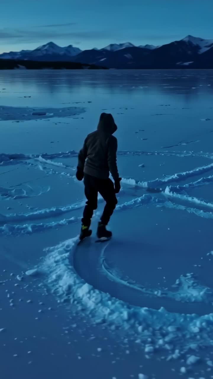 Person Ice Skating on a Frozen Lake at Dusk with Mountains