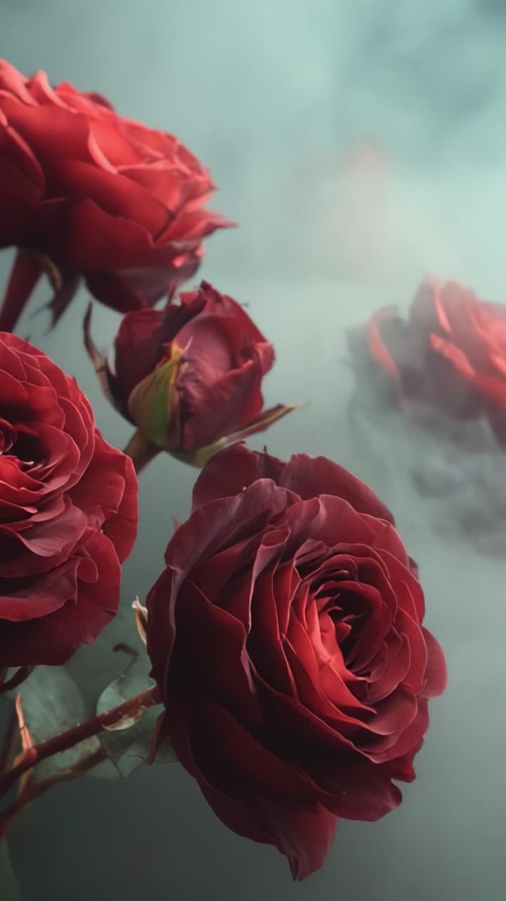 Uma exibição deslumbrante de rosas vermelhas profundas com um fundo esfumaçado suave em um arranjo floral artístico, capturando a essência do romance e da beleza