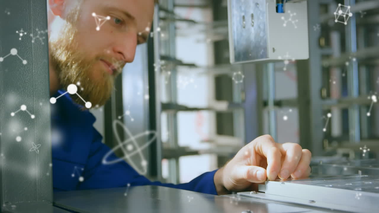 Animation of molecules floating and data processing over male scientist