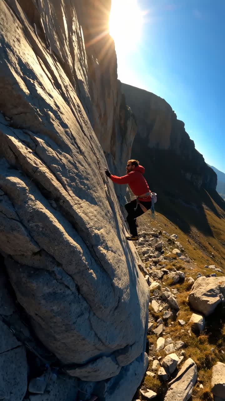 A rock climber on a mountain cliff