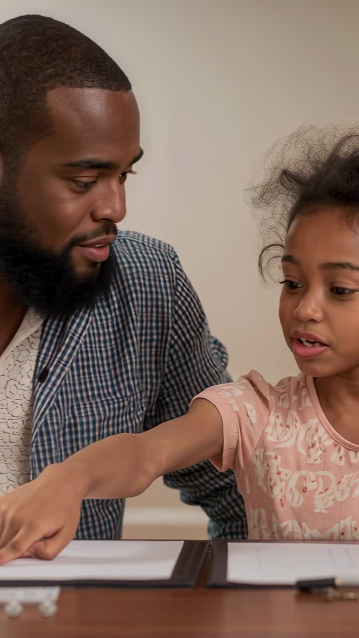 Vertical video: Pointing daughter explaining pages at home desk, father leaning in blue shirt, pen