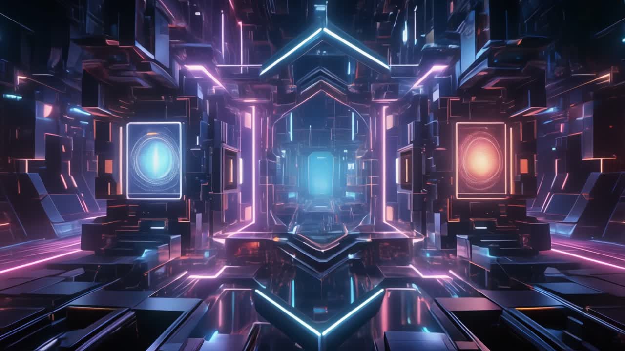 Futuristic Neon Lit Digital Tunnel with Glowing Portals