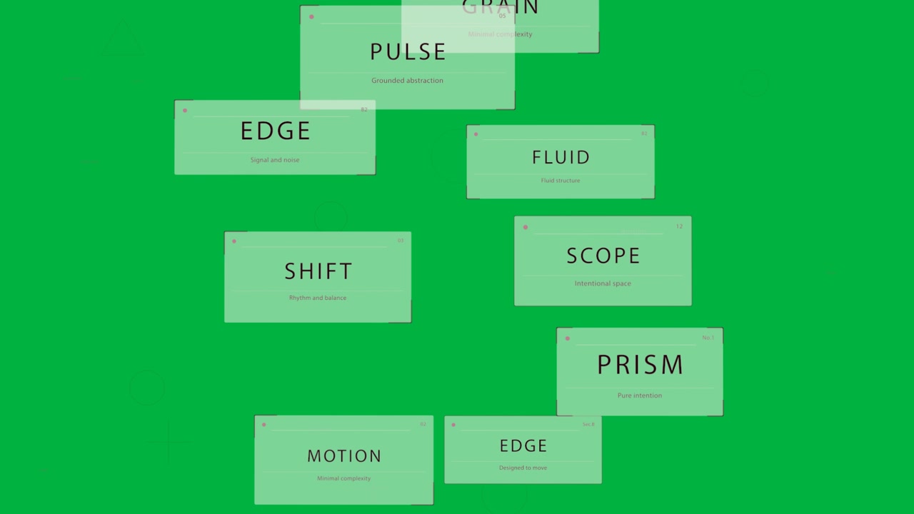 Top card appearing, cards sliding into UI triangle, dotted links forming hierarchy on transparent