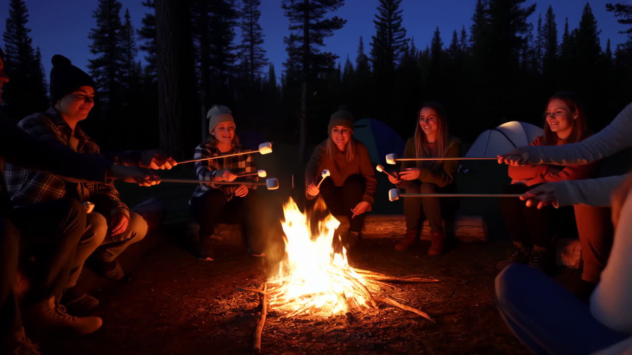 Friends Roasting Marshmallows Around a Campfire at Night