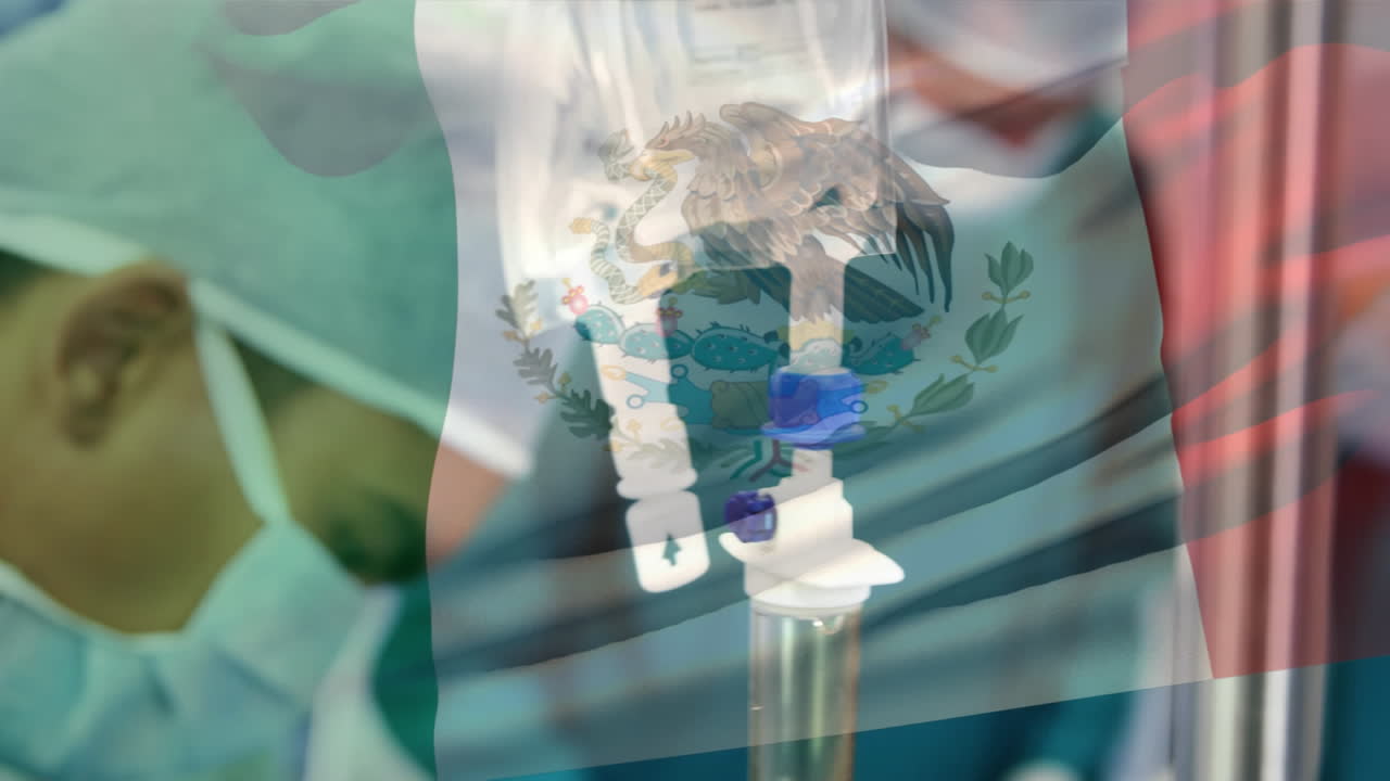 animación de la bandera de méxico ondeando sobre los cirujanos en el quirófano