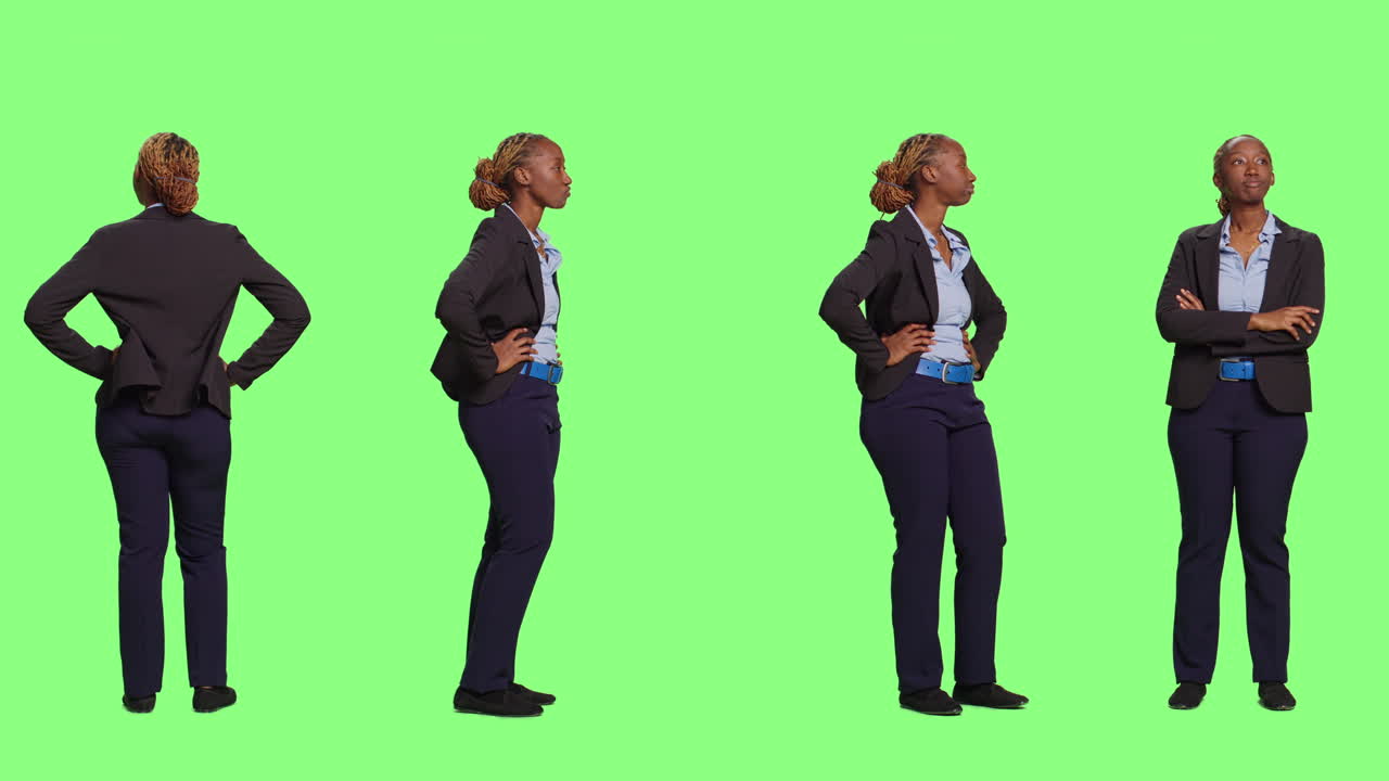 Four images of a woman in business attire