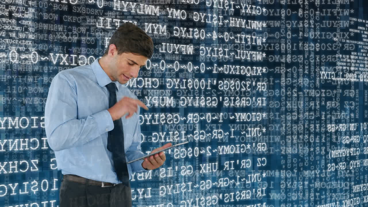 hombre usando tableta sobre fondo de escritura animado.