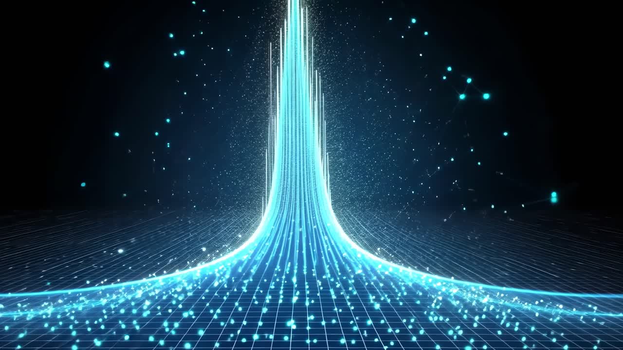 Futuristic digital wave in a video, viewed from a low angle. Blue light particles rise from a grid
