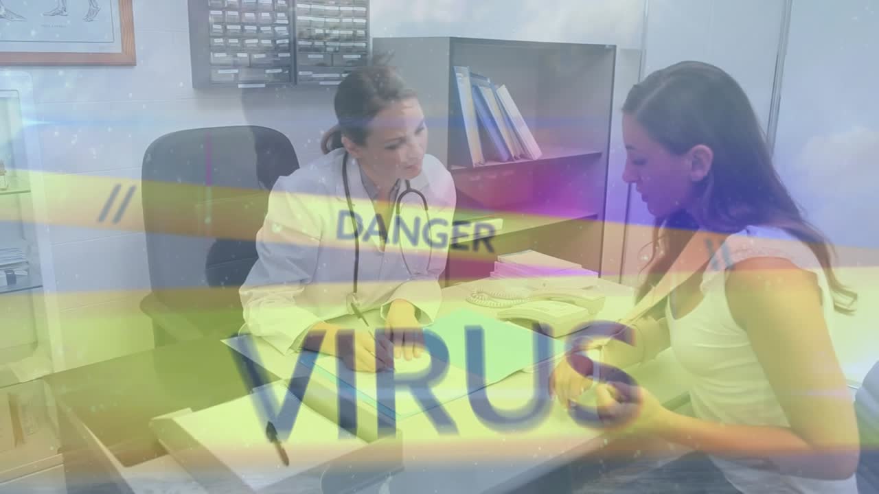 Animation of covid 19 virus data processing over female doctor with patient