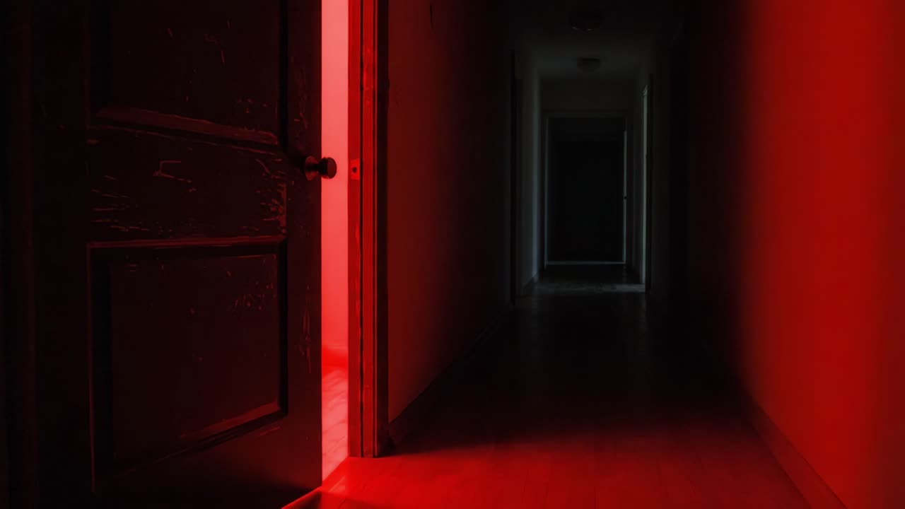 An Intriguing Journey Through a Dimly Lit Corridor: From Eerie Red Glows to Complete Darkness, This Unfolding Scene Captures the Essence of Suspense and Mystery