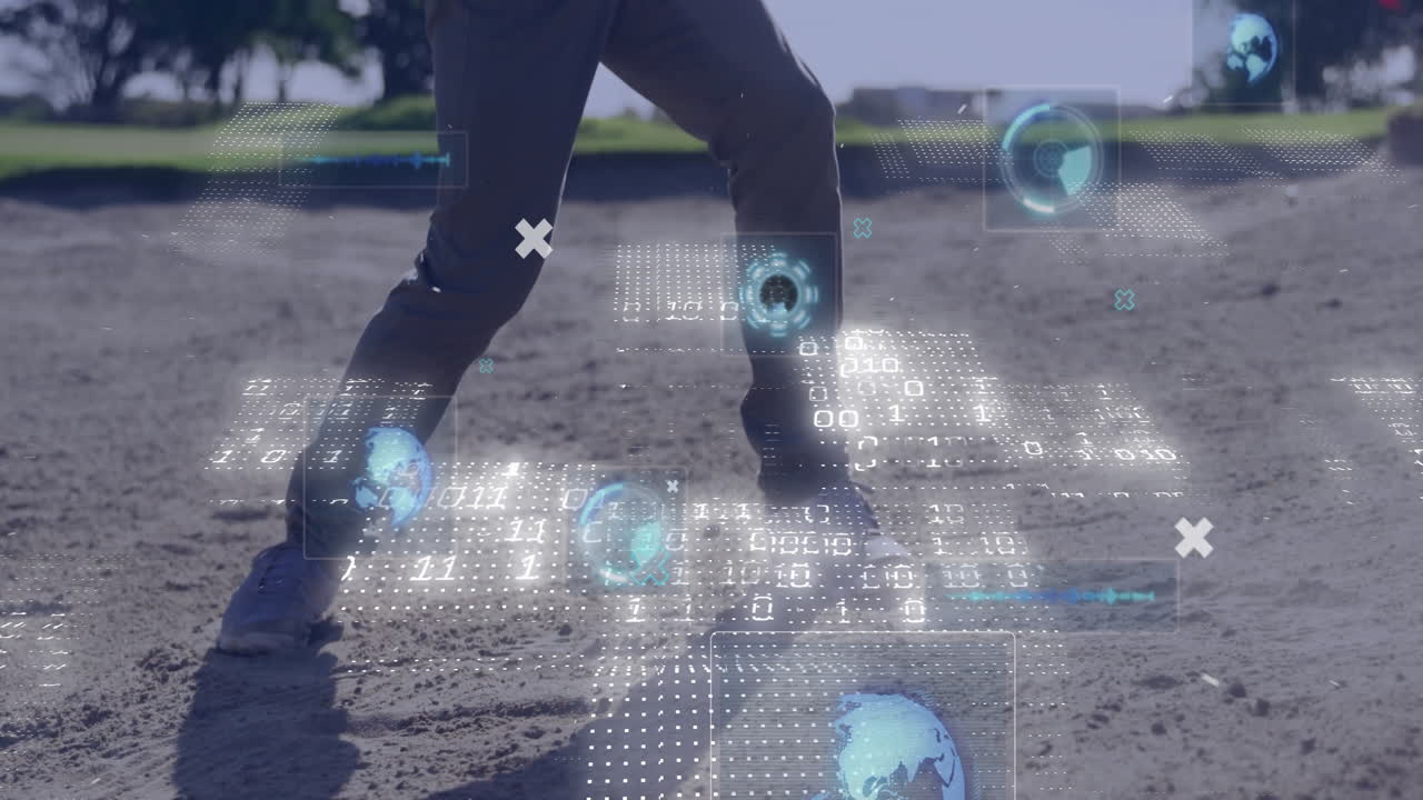Golfer kicking up sand in golf technology demo, with floating AR data grids and globe icons