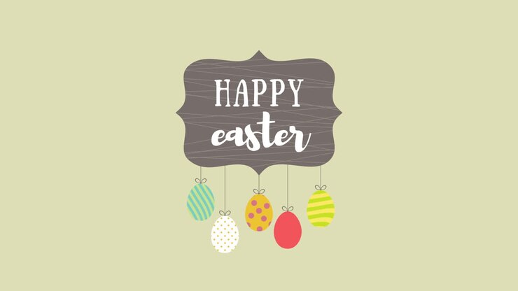 Animated closeup Happy Easter text and eggs on green background 5