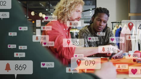 animation of multiple notification bars over diverse male designers looking at clothing picture