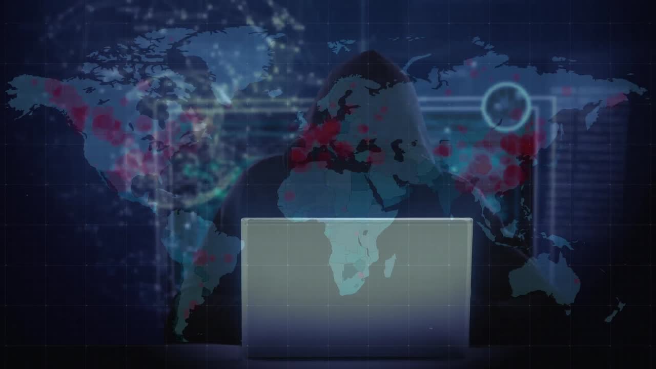 animación del procesamiento de datos sobre un hacker con una computadora portátil