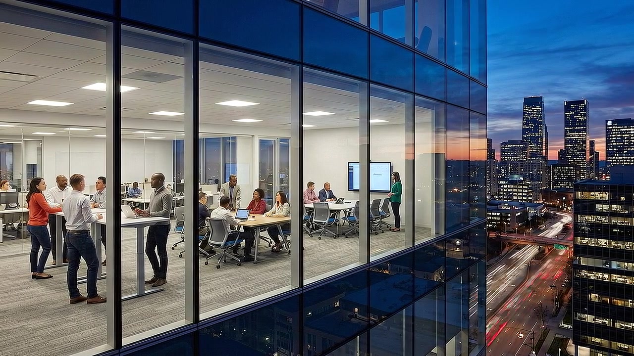 Modern glass office at night with employees working inside at workplace