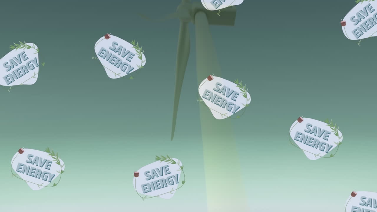 풍력 터빈 위에 아이콘이 있는 에너지 절약 텍스트의 애니메이션