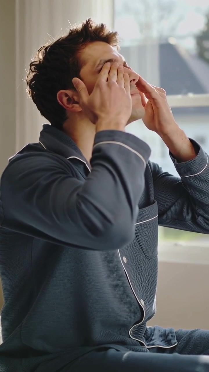 Video verticale: Uomo che si sveglia con un pigiama scuro, massaggiandosi gli occhi per alleviare la stanchezza vicino alle tende della finestra.