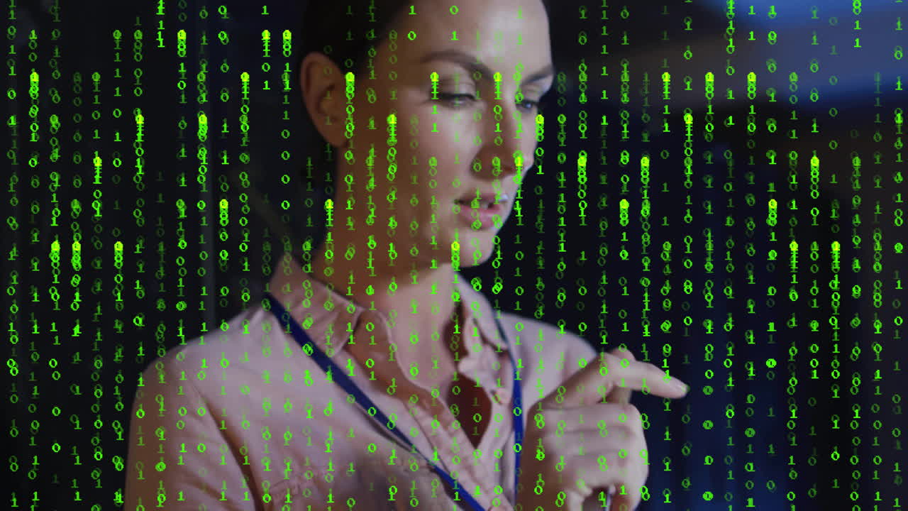 Interacting with digital interface, woman with green binary code animation overlay