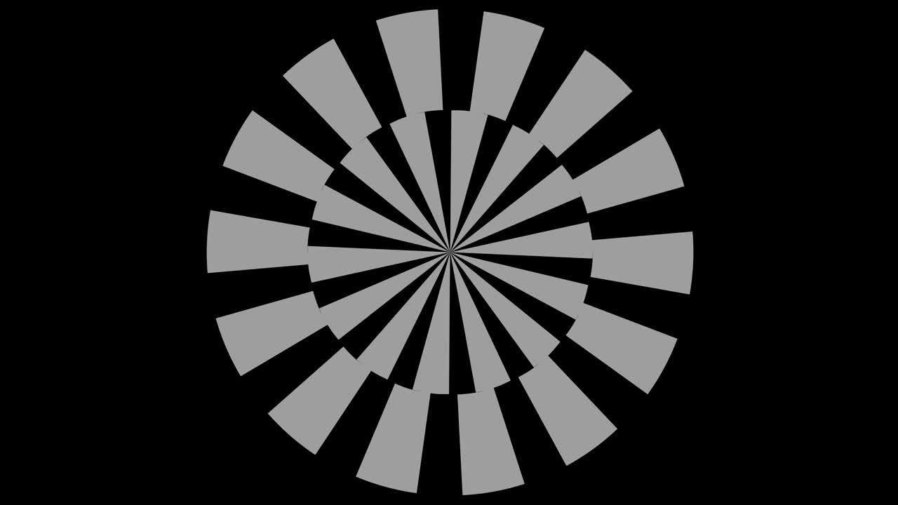 16:9 영상 형식으로 풀 스크린에서 중앙으로 사라지는 크기를 줄여 시계 방향으로 회전하는 스트로보스코픽 및 최면 효과를 가진 흑백 그래픽 객체