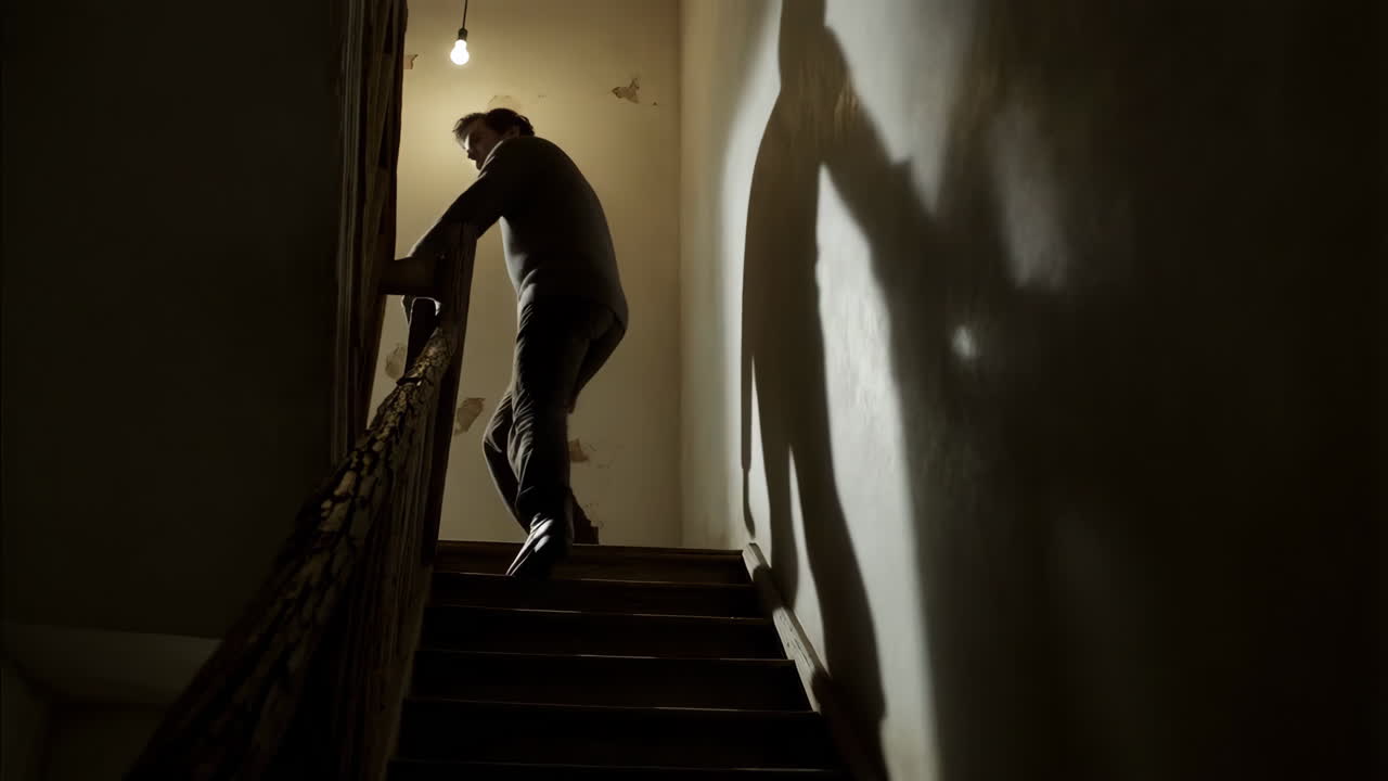 Man walking up stairs in a dark building