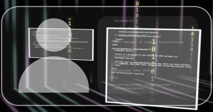 Animation of person icon, processing data and coding interface screens on black background