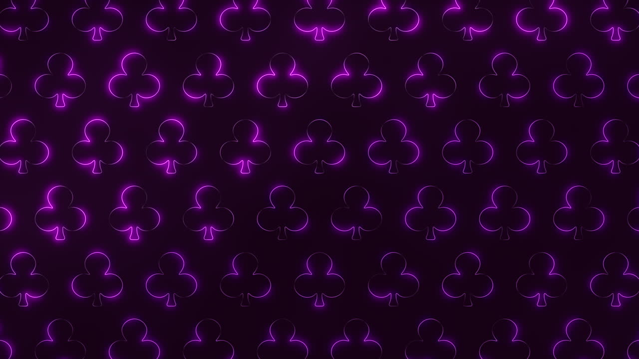 Filmato con motivo continuo di carte da gioco al neon con contorni viola luminosi su uno sfondo scuro, ideale sfondo animato per temi da casinò, tornei di poker, streaming di giochi e promozioni per la vita notturna.