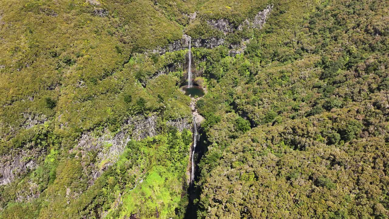 Natural attraction of Risco falls in lush terrain of Rabaçal on Madeira, aerial