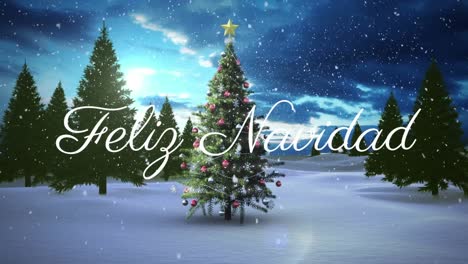 Animation-of-felix-navidad-christmas-greetings-over-christmas-tree