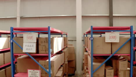 chinese storage facility filled with packaged goods and packed on shelves