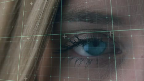 Animation-of-data-processing-over-caucasian-woman's-blue-eye-and-grid