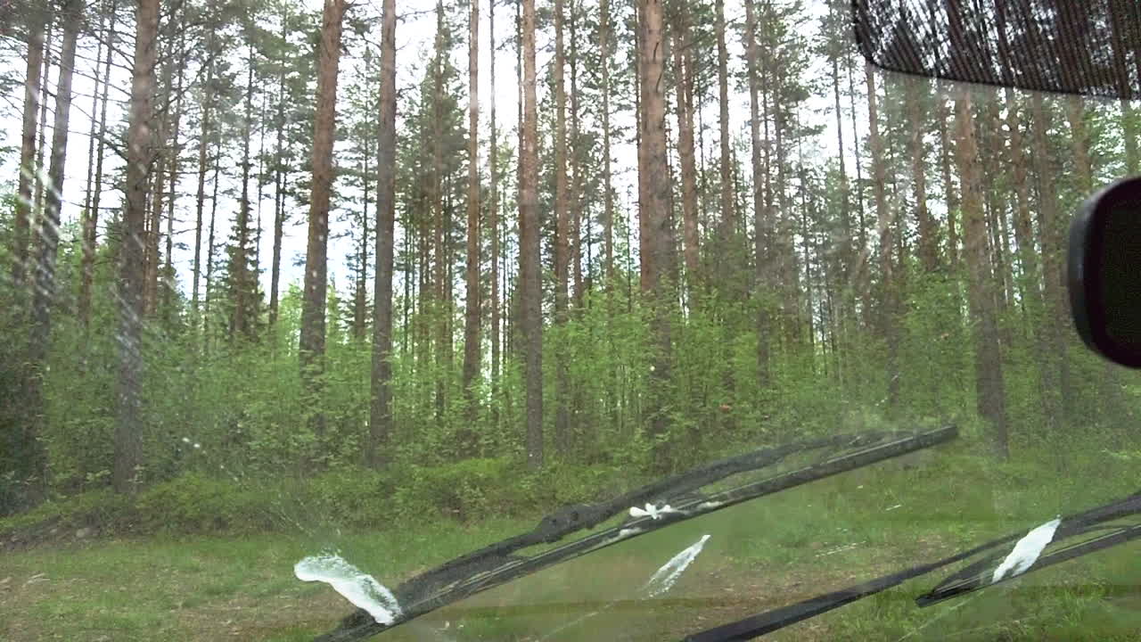 toma en cámara lenta del parabrisas del coche cubierto de polen lavado con limpiaparabrisas