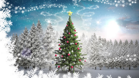 Snow-falling-over-christmas-tree-on-winter-landscape-against-clouds-in-the-sky