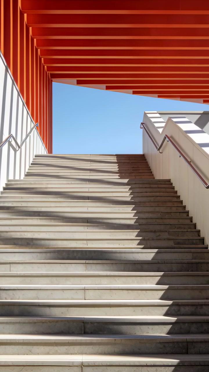 Vertical video: Moving sunlight casting angled shadows on concrete steps with rails, red beams, sky