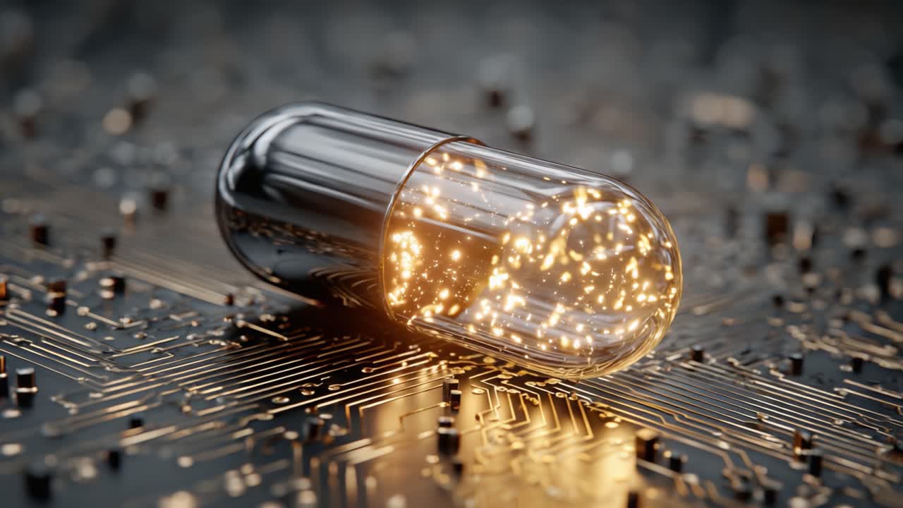 A captivating close-up of a shimmering capsule on a sophisticated circuit board background, merging technology and innovation with a hint of scientific wonder