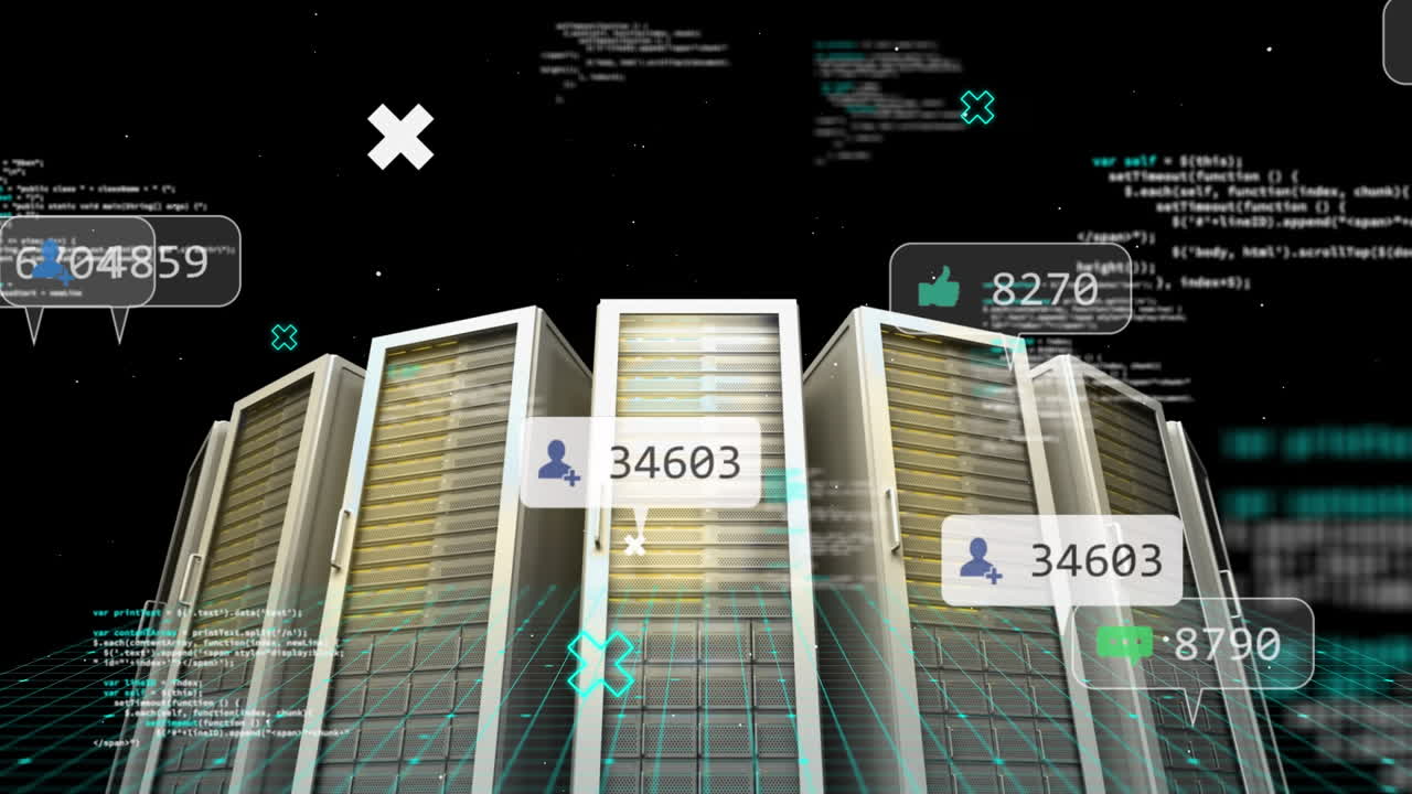 Animation of data processing and media icons over server room