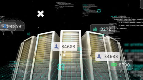 animación del procesamiento de datos y los iconos de los medios en la sala del servidor