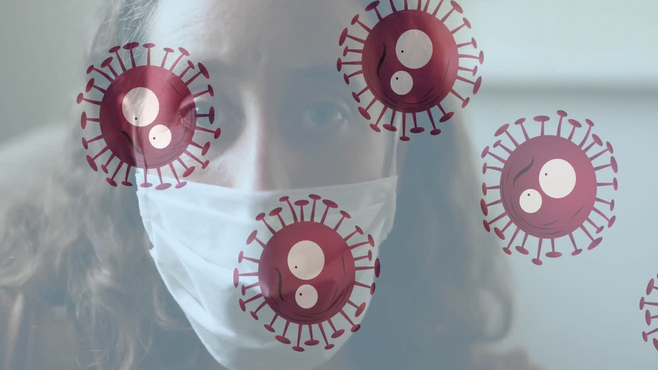 얼굴 마스크를 쓰고 있는 백인 여성의 초상화에 대해 움직이는 여러 코로나19 세포