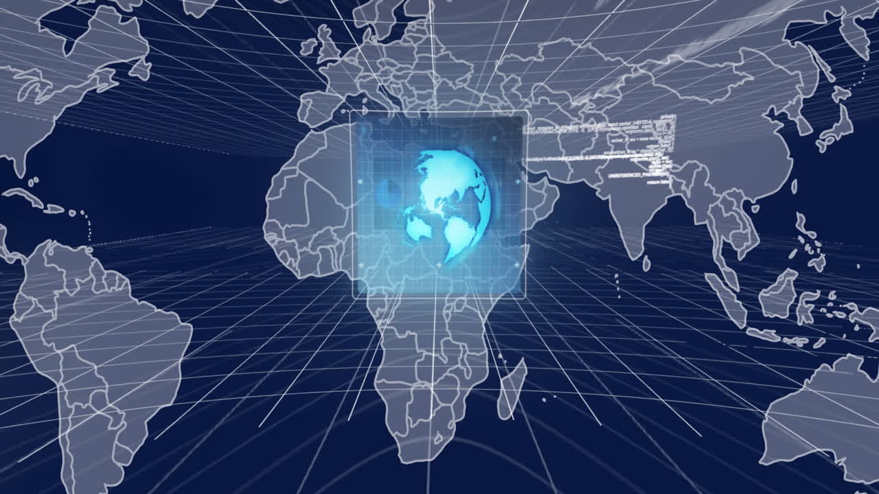 Animation of data processing over world map and globe