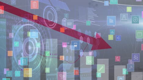 animación de las estadísticas con flecha roja apuntando hacia abajo e iconos digitales
