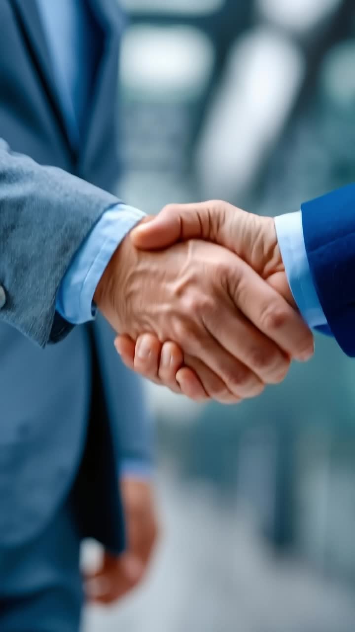 dos hombres estrechando las manos frente a un edificio