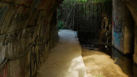 una toma caminando por un túnel corto con grafitis a los lados