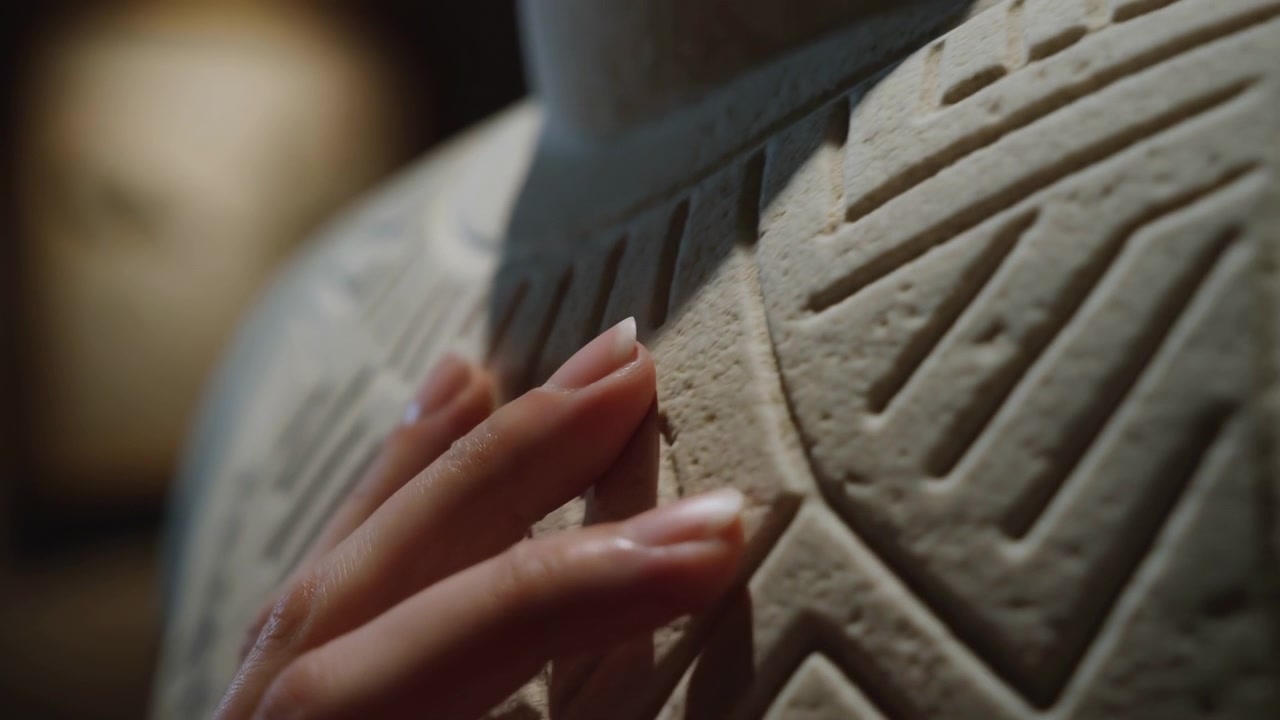 Una vista de cerca muestra yemas de los dedos delgadas deslizándose suavemente sobre un bajorrelieve geométrico en relieve en piedra gris pálido erosionada, resaltando surcos táctiles, sombras suaves y una atmósfera tranquila similar a la de un museo.