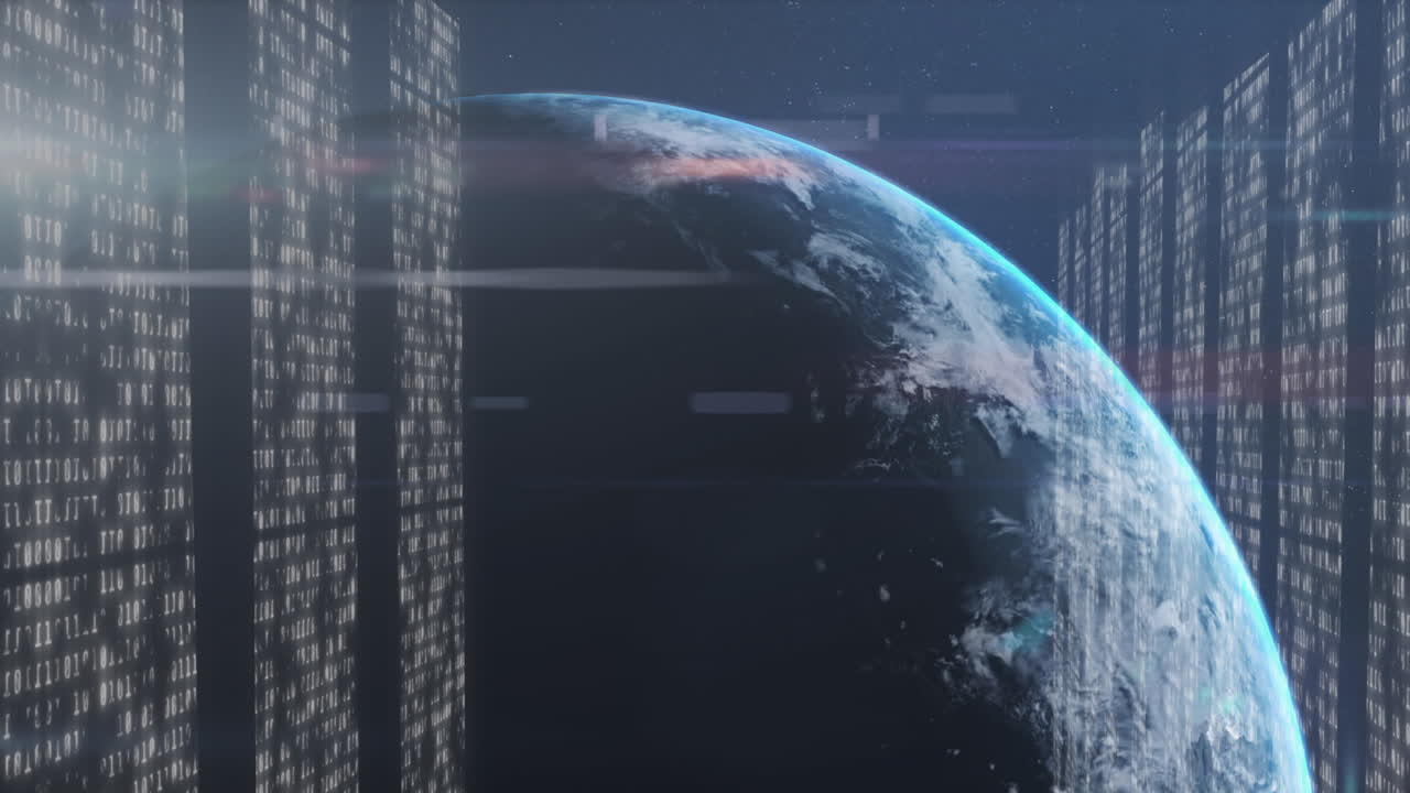 Animation of data processing on screens over earth globe on blue background