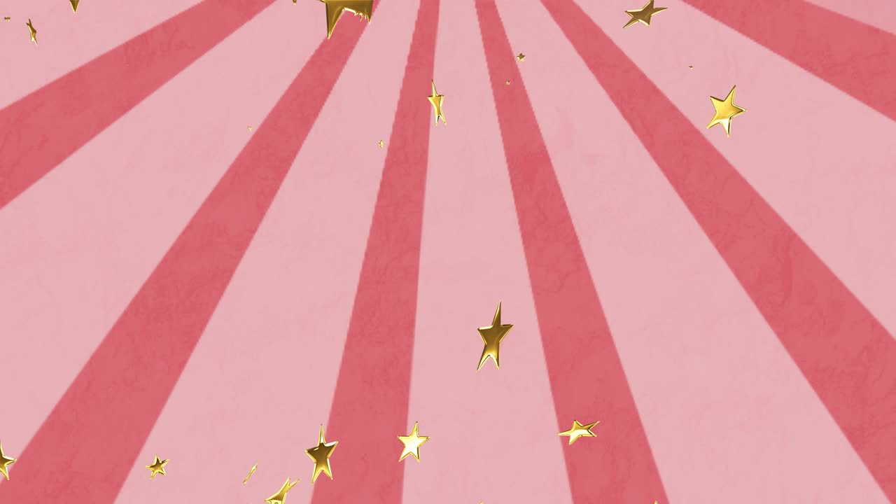 Gold star confetti entering from top, tumbling, drifting over pink radial backdrop for festive mood