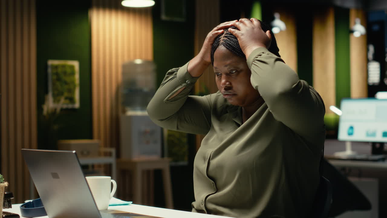 Distressed troubled worker struggling with mental exhaustion and discomfort