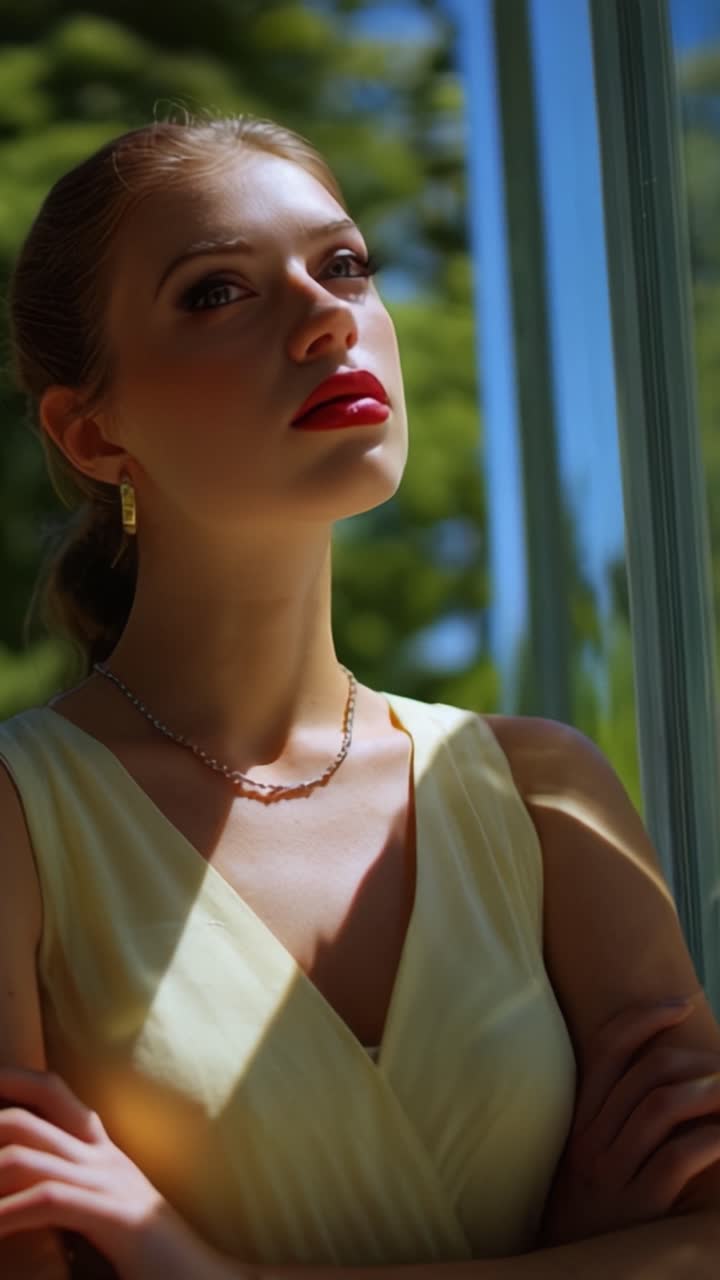 Ritratto accattivante di una giovane donna con gioielli eleganti e labbra rosse audaci che posa con grazia in luce naturale circondata da vegetazione.