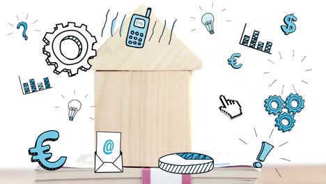 animación de iconos de negocios y procesamiento de datos sobre casa de madera